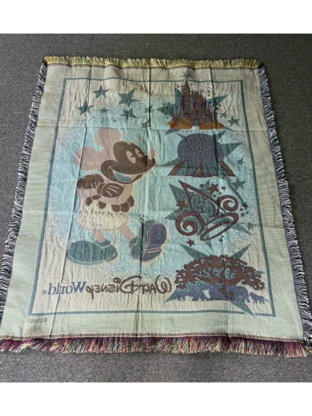 Vintage WALT DISNEY WORLD Woven Tapestry Throw Blanket Mickey Mouse 46x55 NEW
